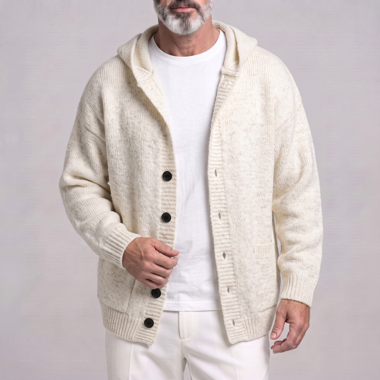 para hombre casual de color sólido Single Breasted Pockets Drop Shoulder holgado tejido Hooded Cardigan