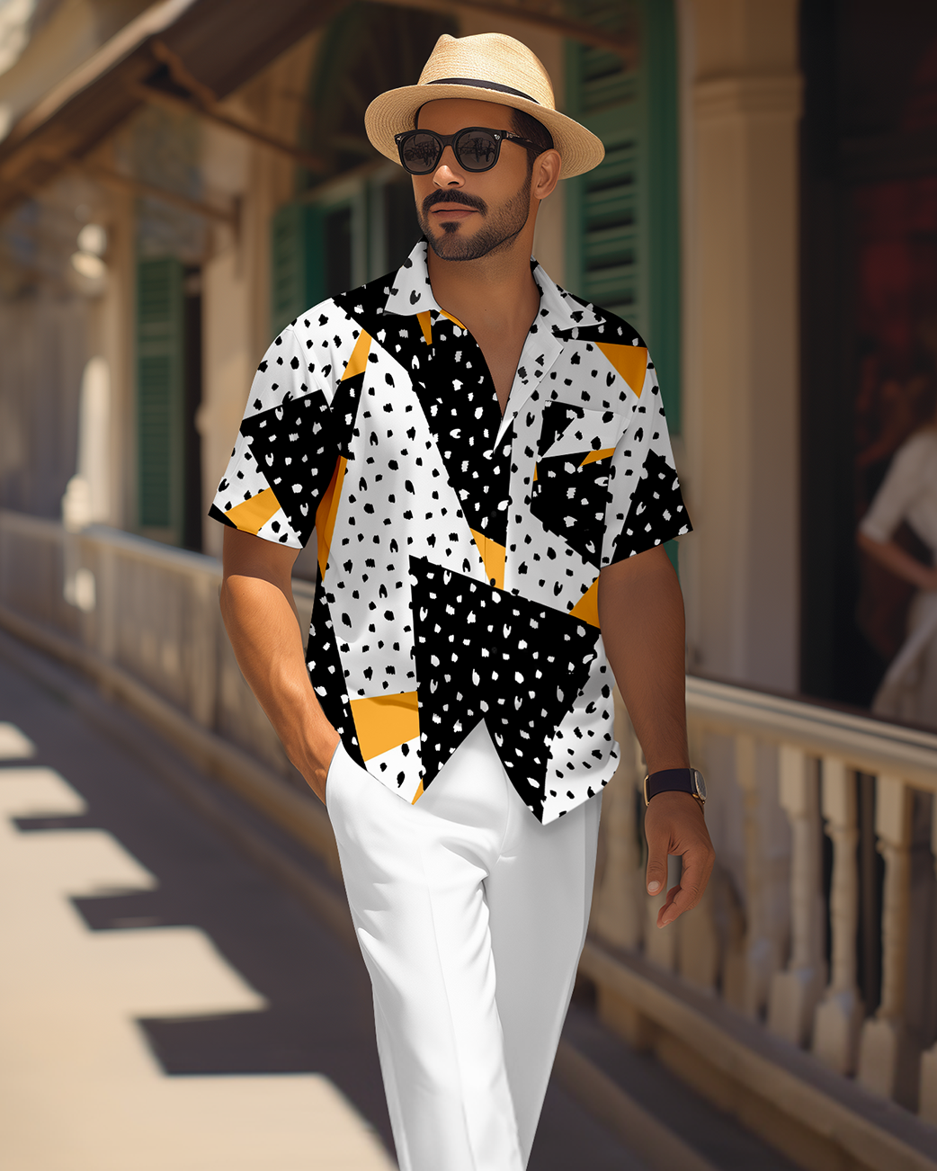 Camisa retro colorblock de manga corta walking Suit 1692 para hombre