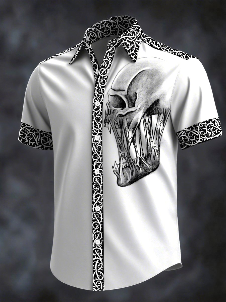 Camisa retro Horror Skull estampado solapa de manga corta para hombre
