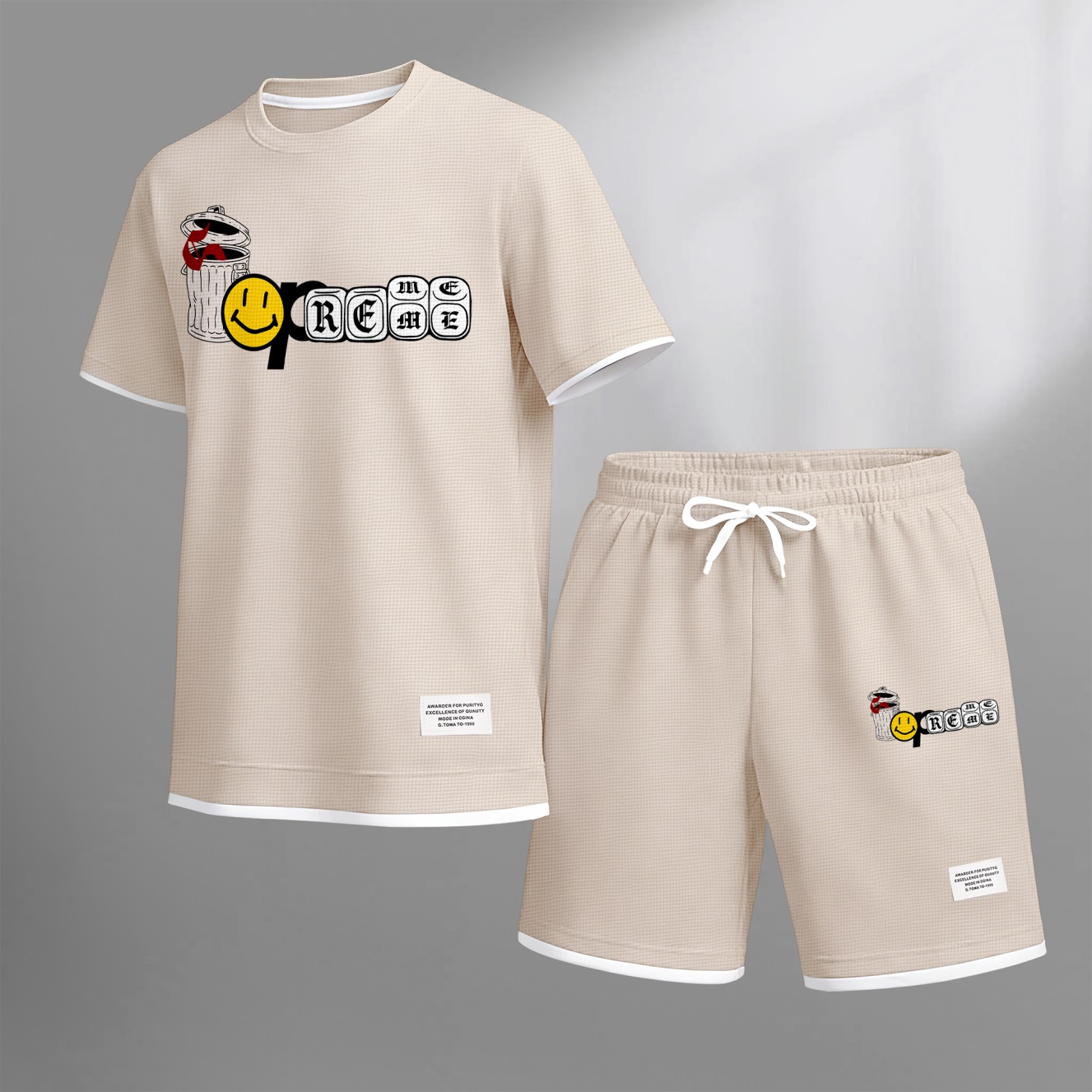 Camisa Graffiti Collage Design estampado Waffle Fabric de manga corta And shorts Set para hombre