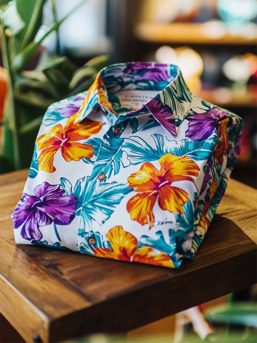 Camisa satén Luxe hawaiano estampado de manga corta Button para hombre