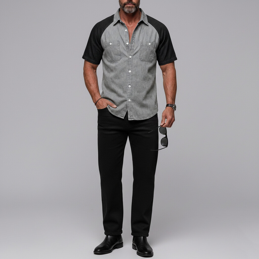 Camisa casual Patch Pockets Button-Up Colorblock Raglan Sleeve para hombre