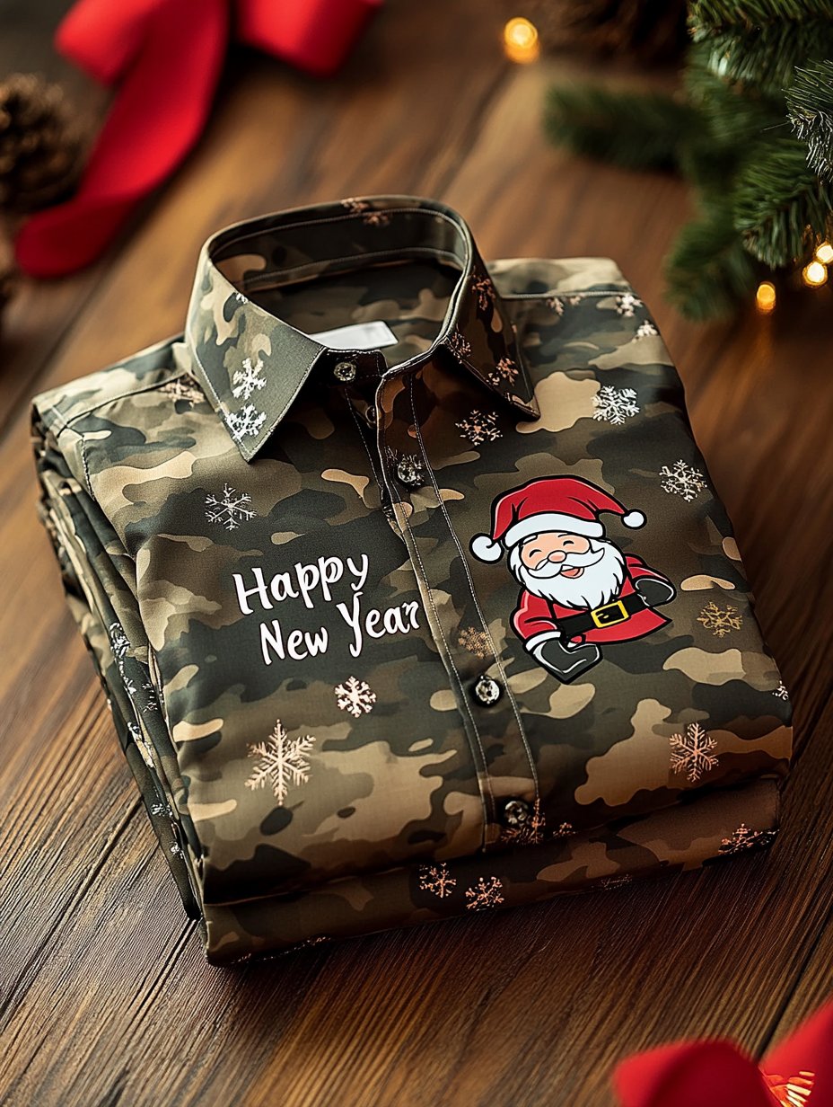 Camisa camuflaje Christmas Merry Santa Claus estampado de manga larga para hombre