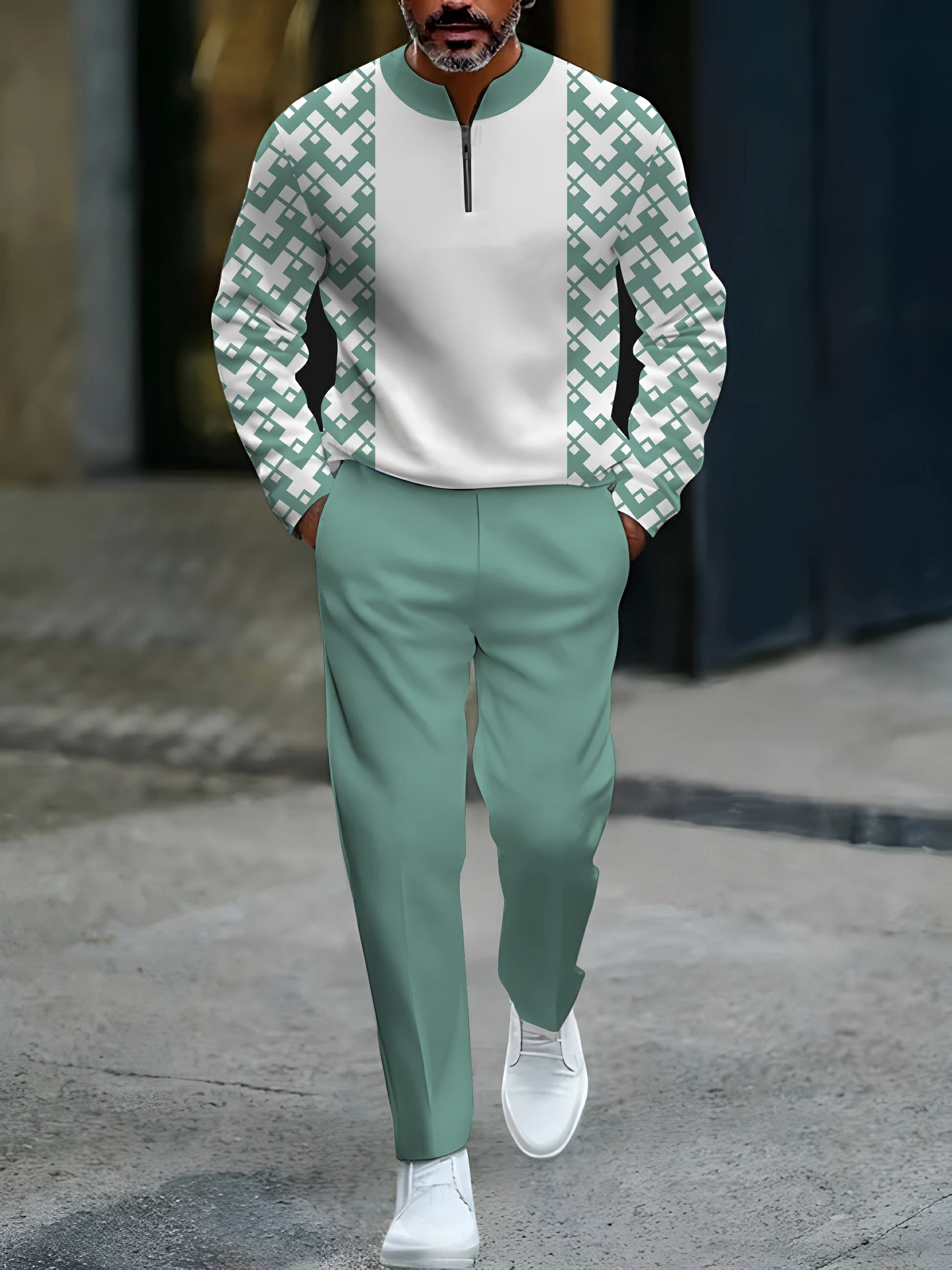 Conjunto de dos piezas casual Green & White Color Matching geométrico Pattenr Round-Neck cierre de manga larga Tops & Trousers para hombre