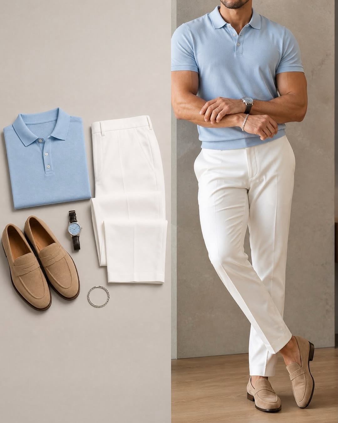 Conjunto de dos piezas casual Light Blue Color de manga cortas camisa polo & Jeans pantalón para hombre