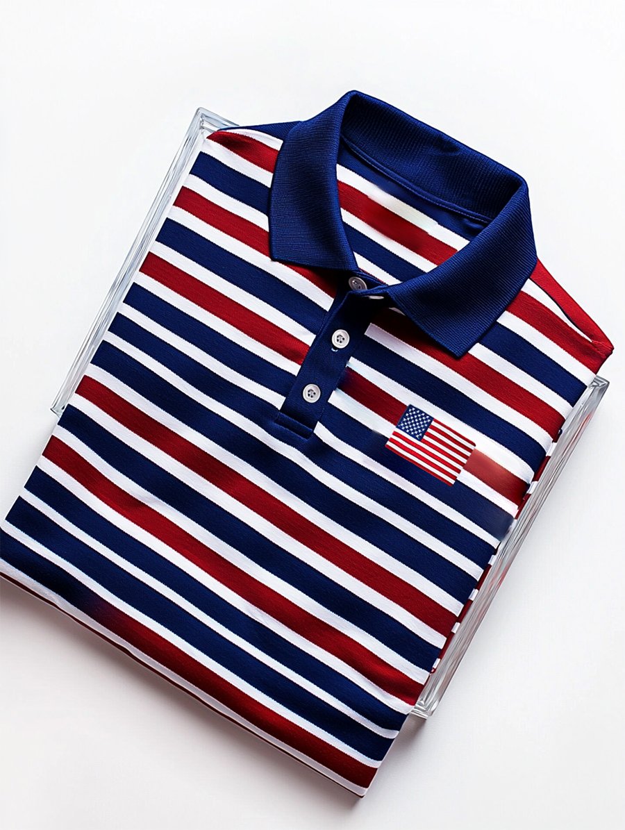 Camisa polo ejecutivo casual Independence Day a rayas Button de manga corta para hombre