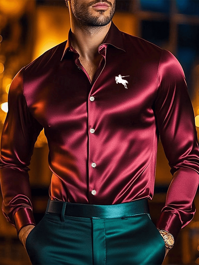 Camisa vintage ejecutivo casual estampado satén de manga larga para hombre