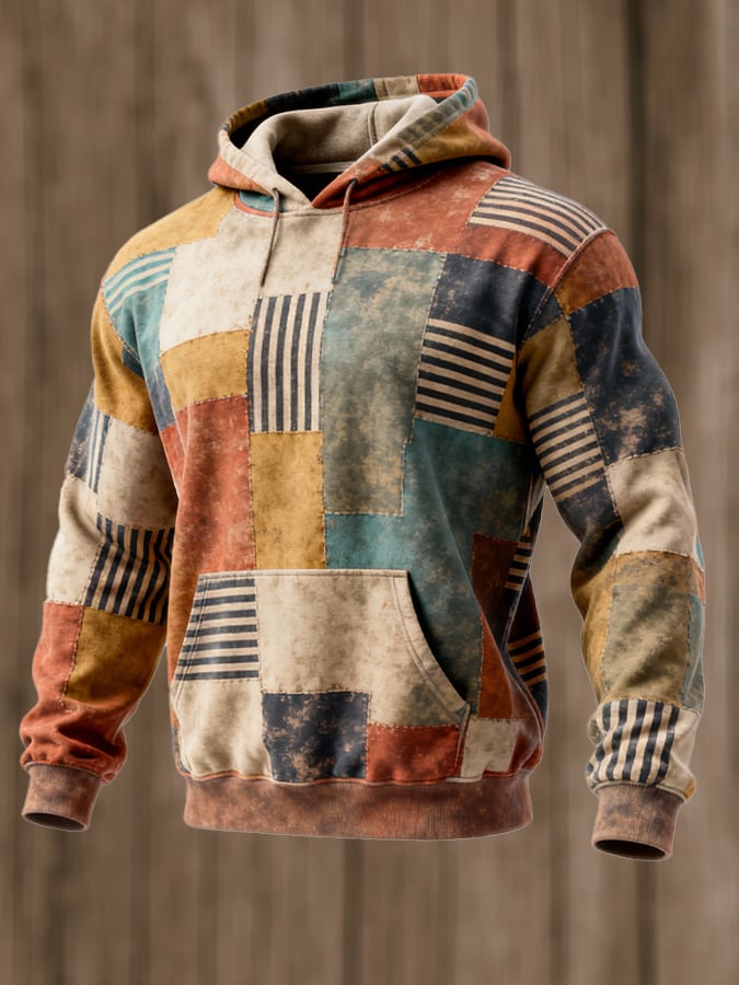 Sudadera retro desgastado en bloques de color estampado casual de manga larga para hombre