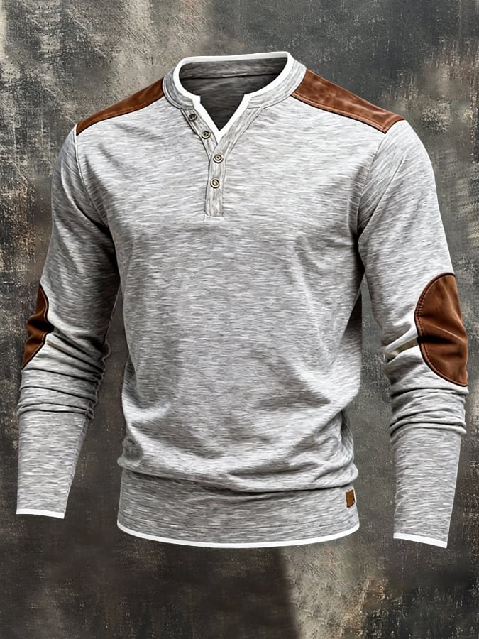 Camiseta Color-Block Patchpara trabajo Faux Two-Piece Henley Neck de manga larga para hombre