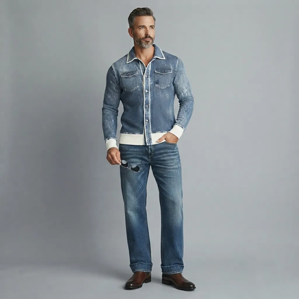 para hombre retro Denim Contrast Binding Chest Pocket de corte entallado de manga larga camisa