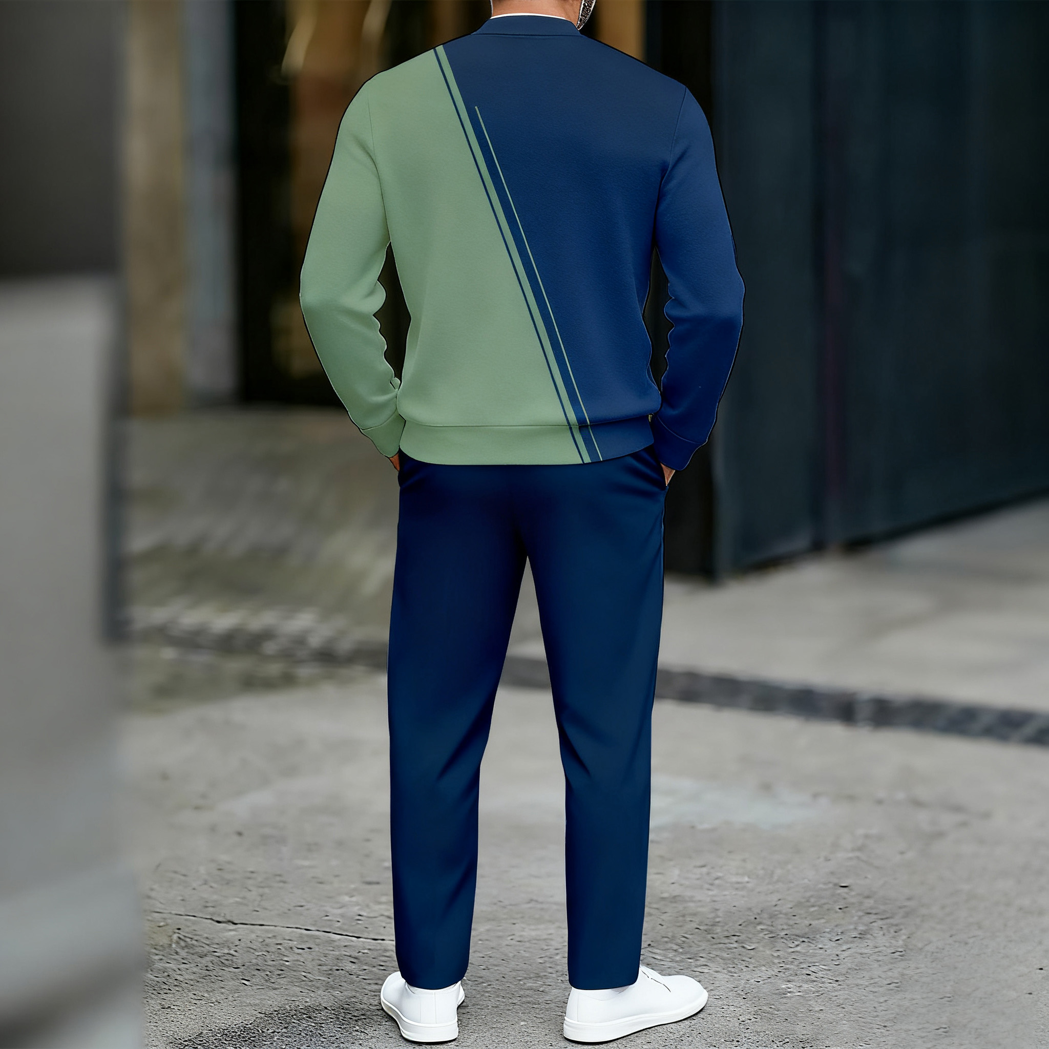 Conjunto de dos piezas casual Color Matching estampado Round-Neck Zipper de manga larga Trousers para hombre