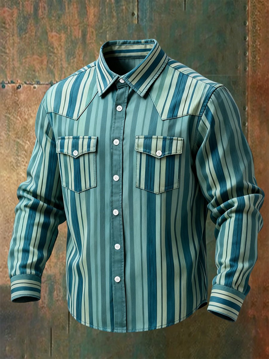 Camisa vintage a rayas Western de manga larga para hombre