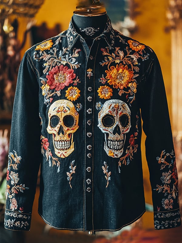 Camisa para exterior vintage Skull and floral estampado de manga larga para hombre