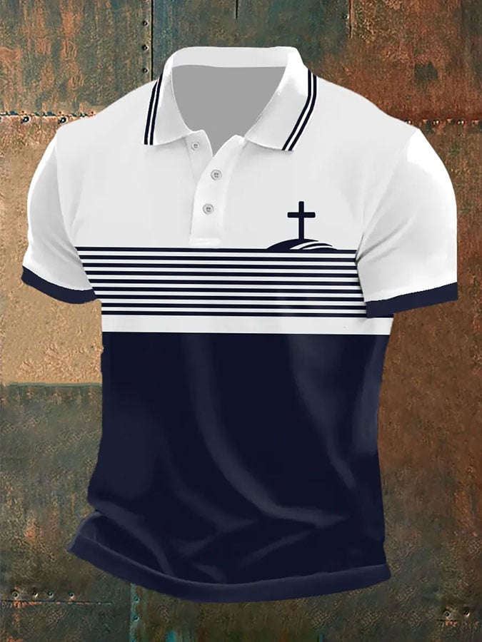 Camisa polo retro Faith Cross estampado casual para hombre