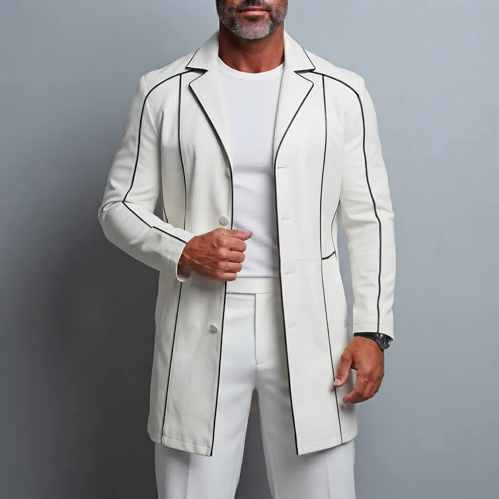 para hombre White PU Leather Notched Lapel Contrast Piping de manga larga Mid鈥怢ong Single Breasted Trench Coat