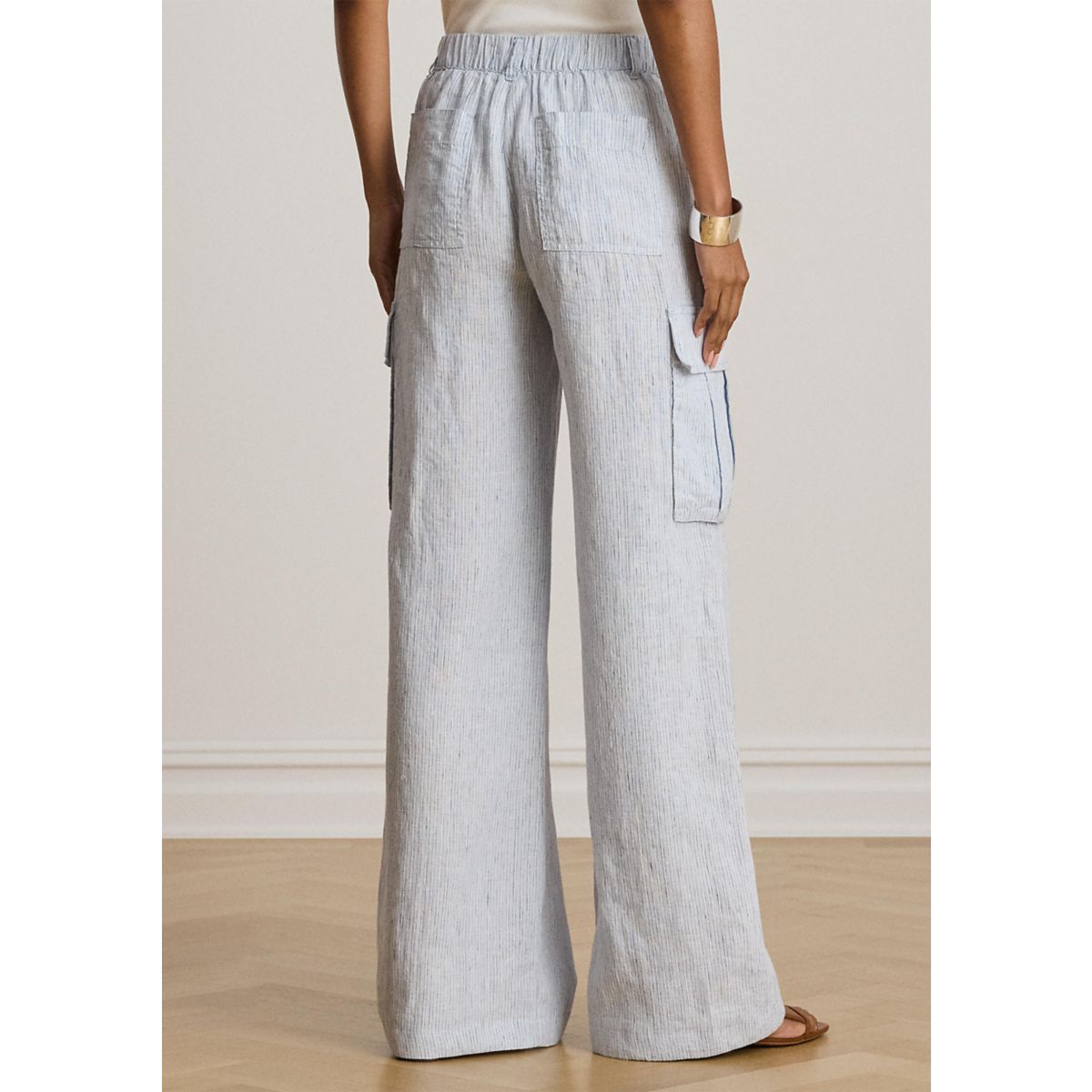 Pinstripe Linen Wide-Leg Cargo Pants - 2