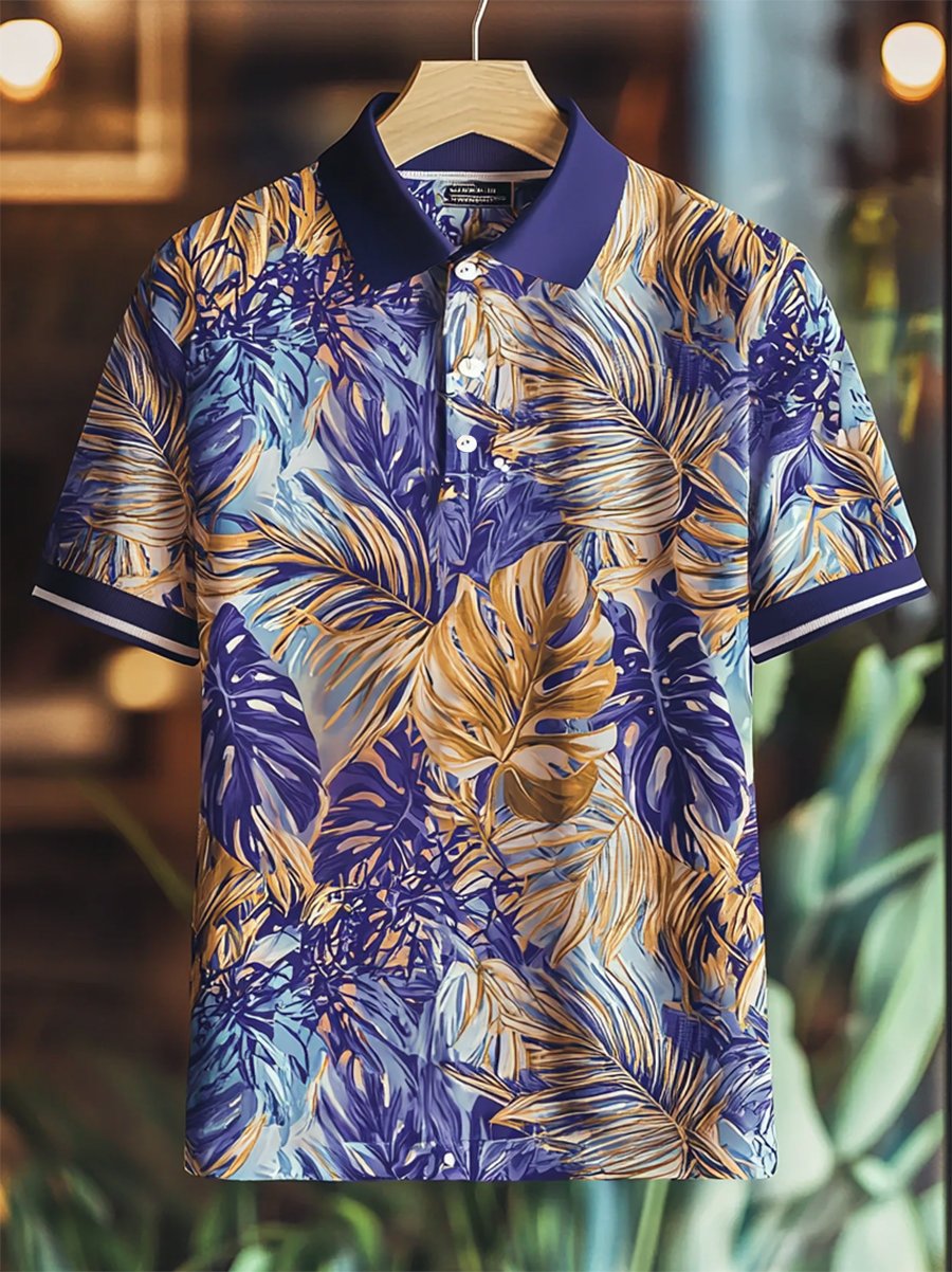 Camisa polo Resort floral estampado Button de manga corta para hombre