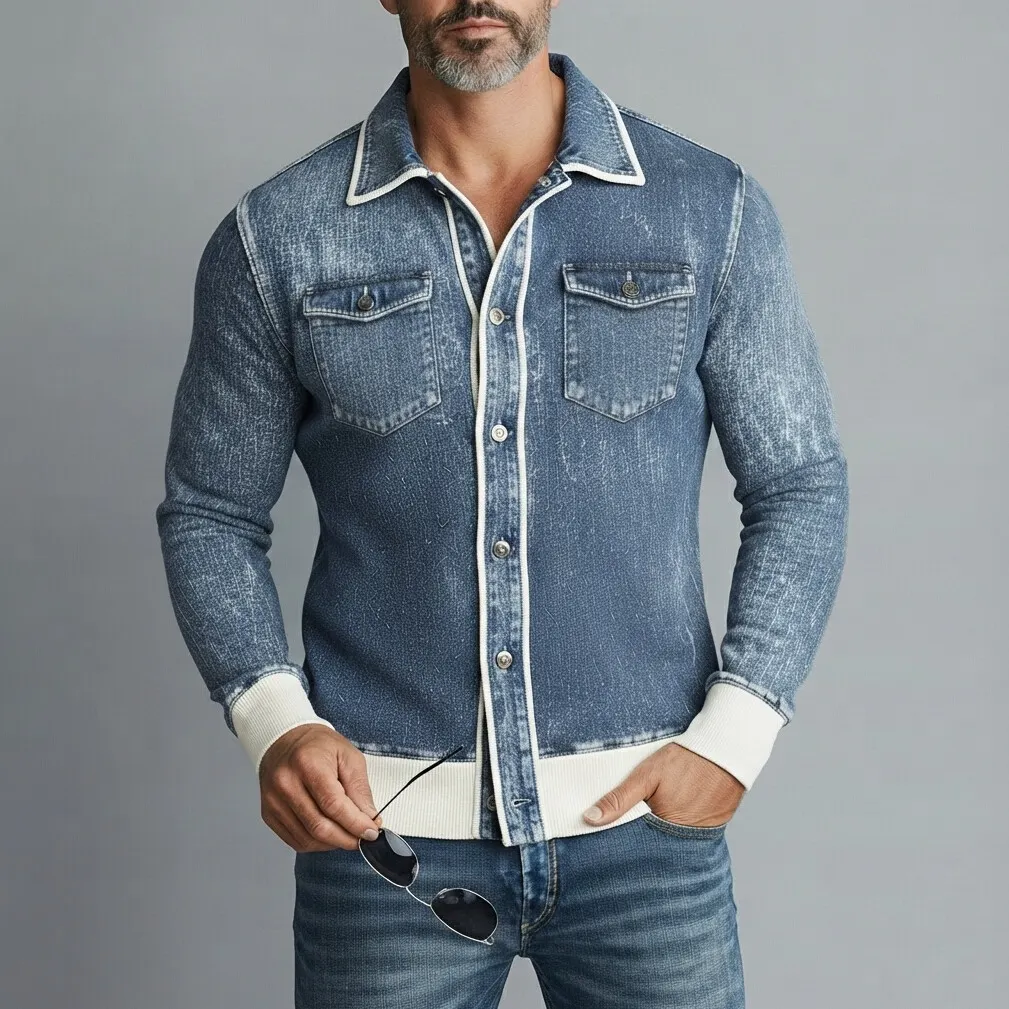 para hombre retro Denim Contrast Binding Chest Pocket de corte entallado de manga larga camisa