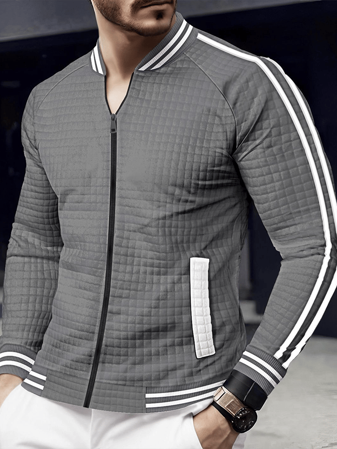 Chaqueta jacquard Stand cuello de color sólido cierre para exterior Versatile para hombre