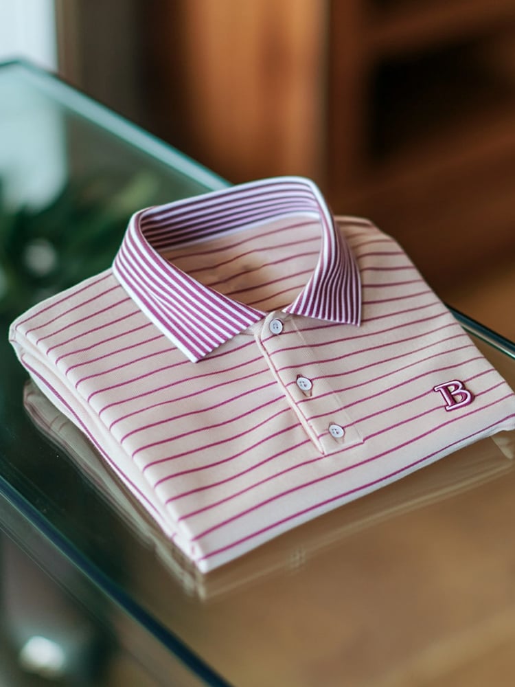 Camisa polo ejecutivo casual Pink rayas Button de manga corta para hombre
