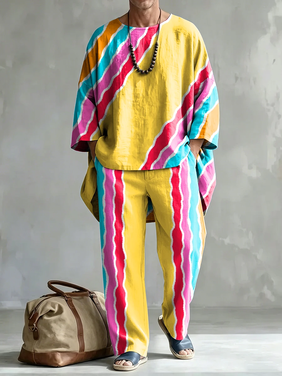 para hombre de modaable Stripes Print casual Comfort Crew Neck Top And pantalón conjunto de dos piezas