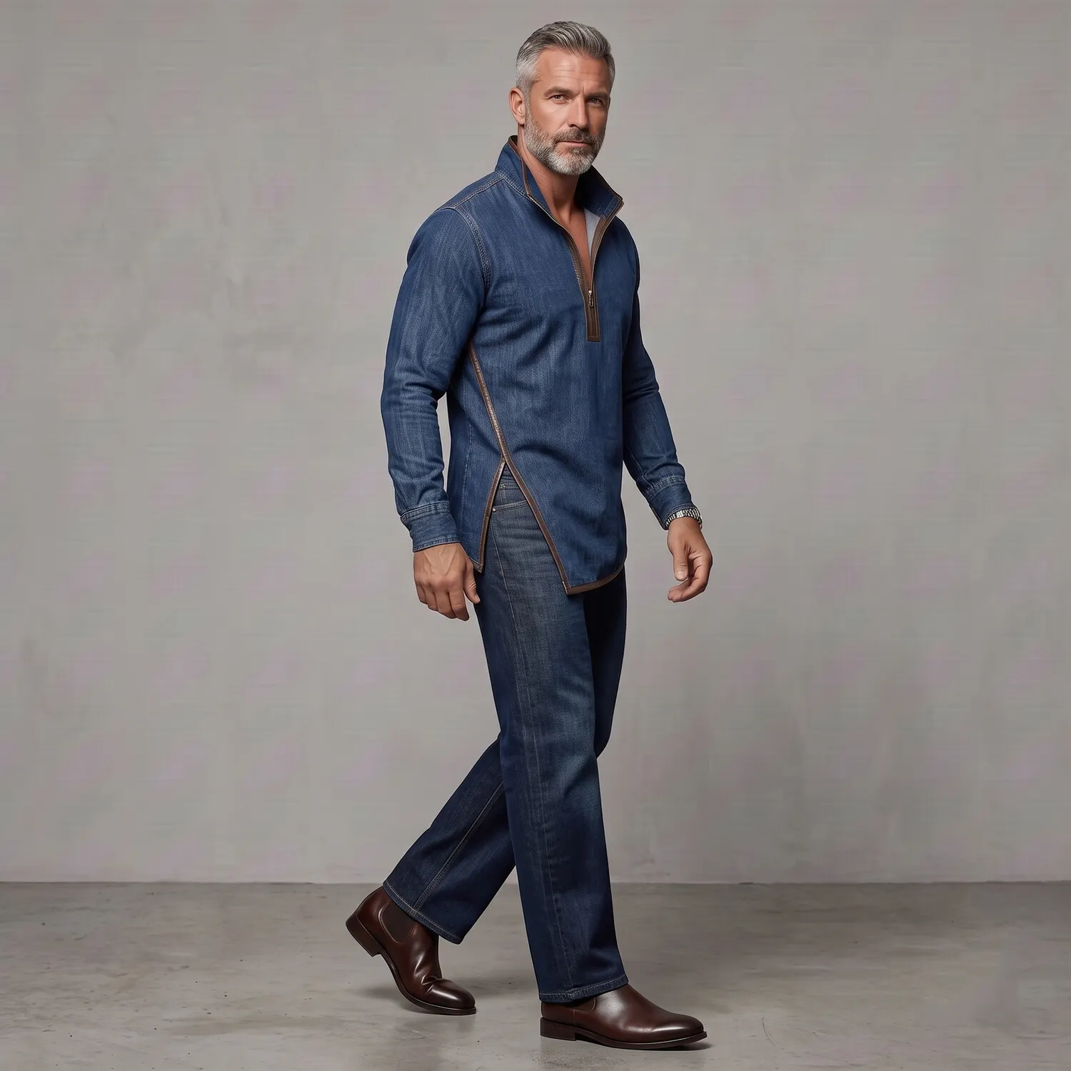 para hombre Denim Stand Collar Contrast PU Leather Trim Side Slit Half Zip de corte entallado Sweacamiseta