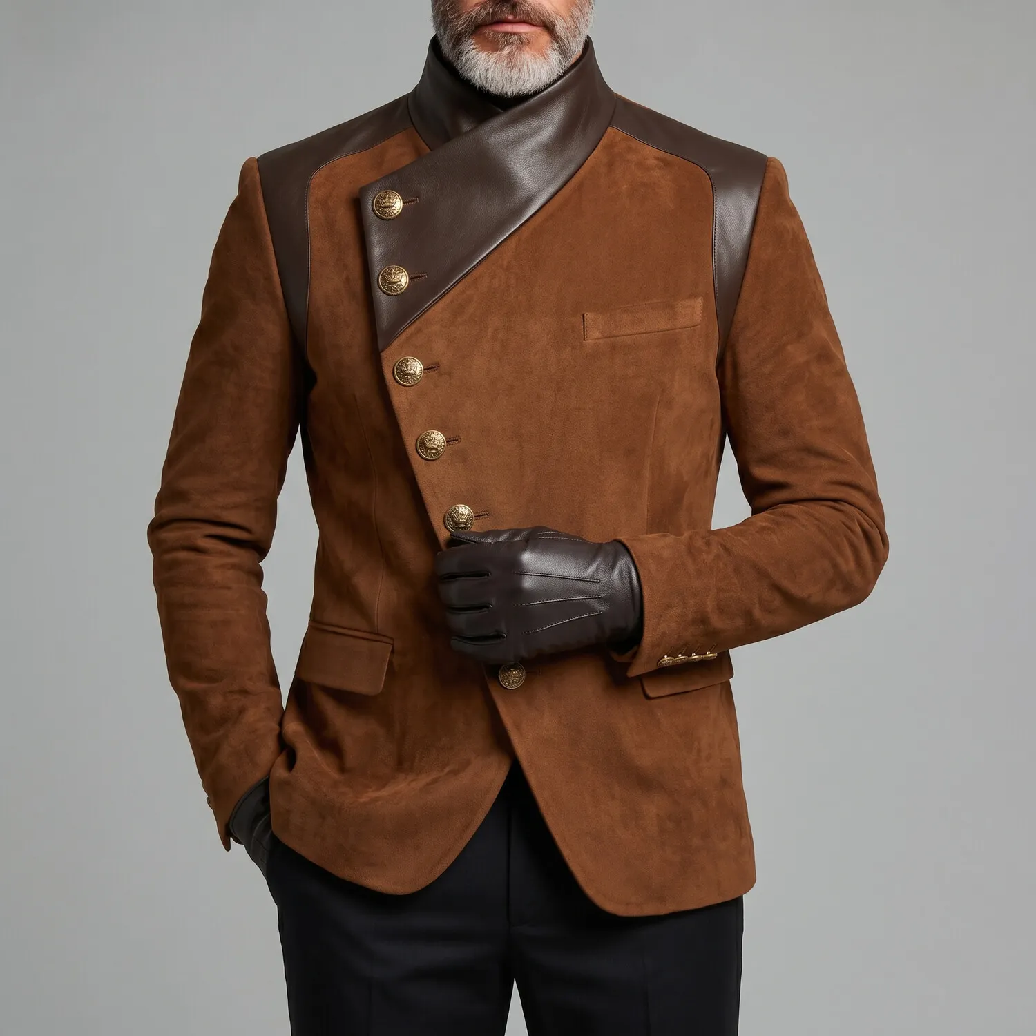 para hombre vintage Asymmetric Oblique Button PU Leather Contrast Spliced Suede Stand Collar de manga larga chaqueta