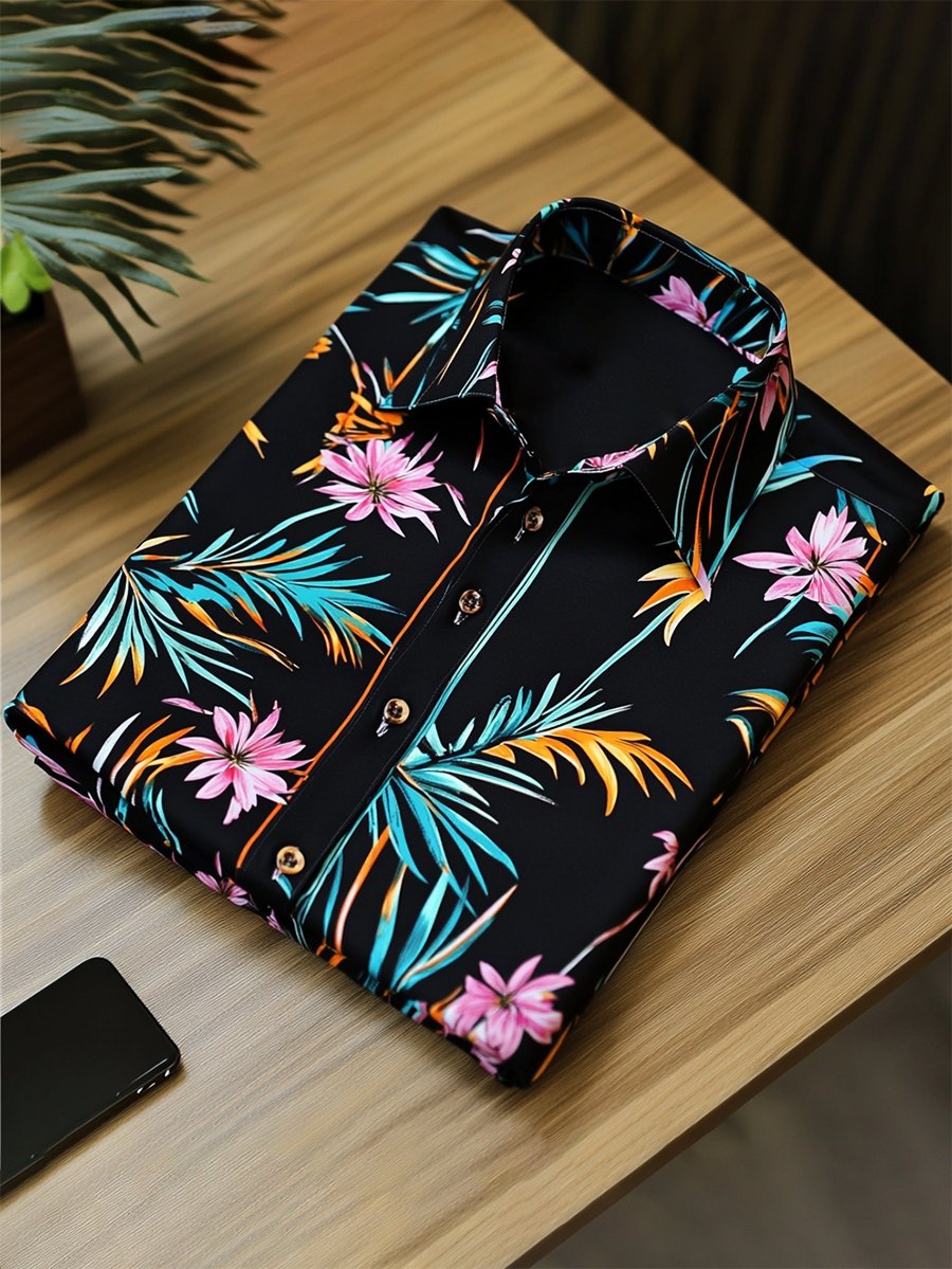 Camisa casual Festive floral estampado de manga larga para hombre