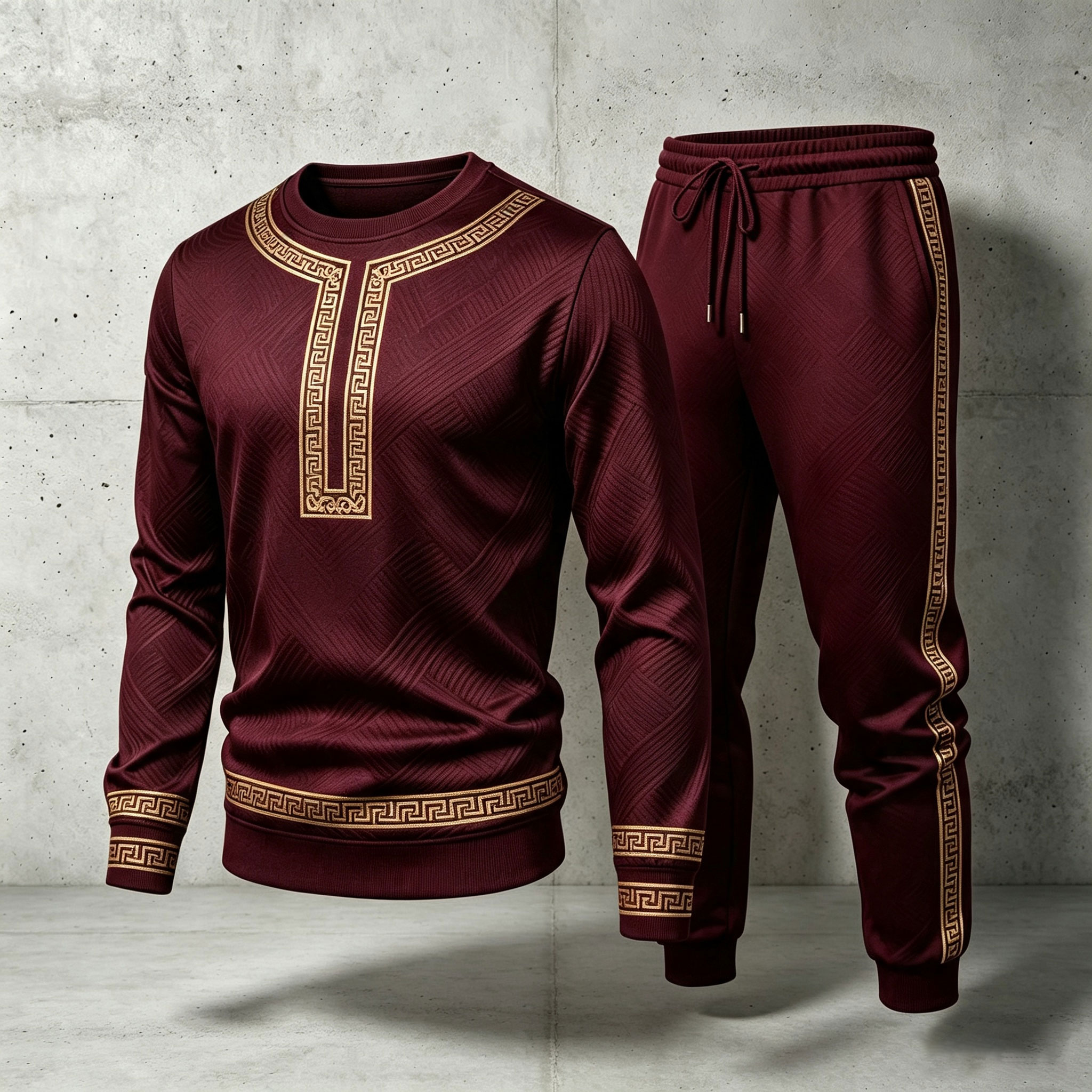para hombre Red Crew-Neck de manga larga camisa and pantalón Set