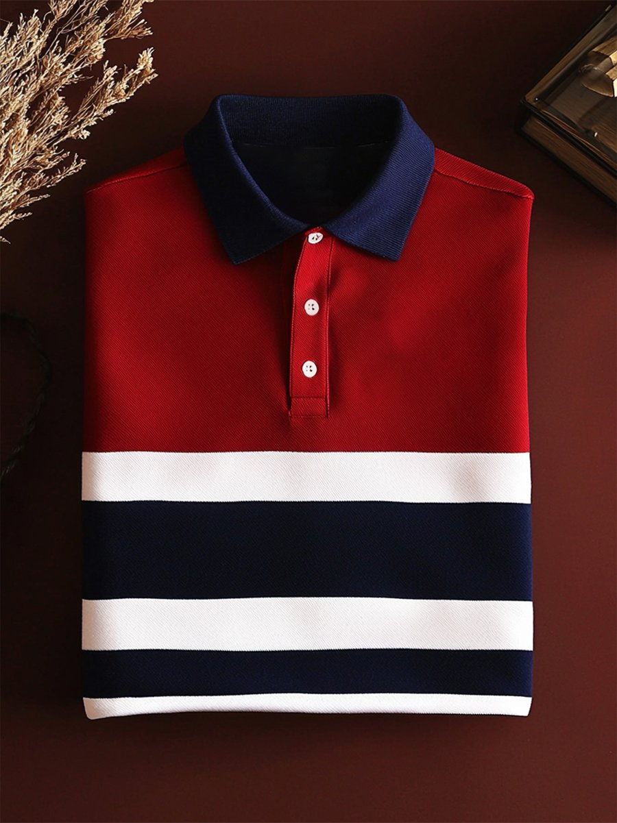 Camisa polo ejecutivo casual a rayas Button de manga corta para hombre