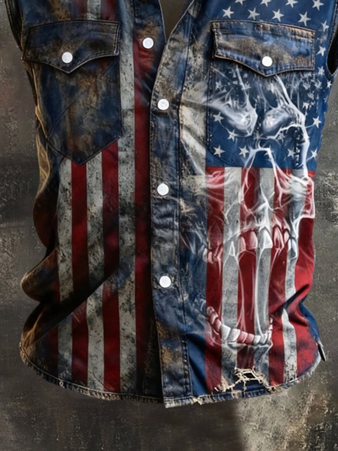 Camisa retro Patriotic Color-Block estampado Sleeveless para hombre
