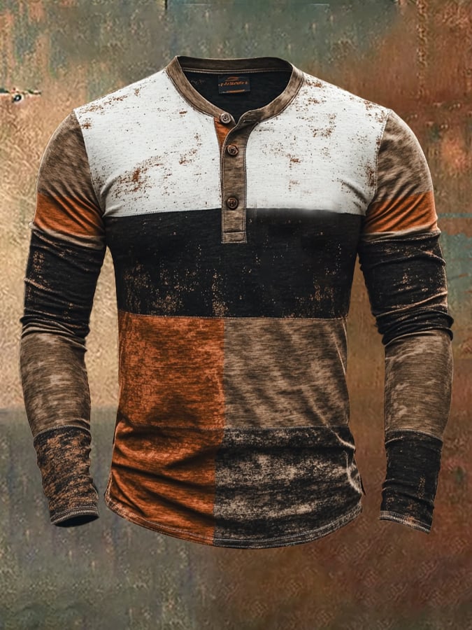 Retro en bloques de color de manga larga Henley para hombre