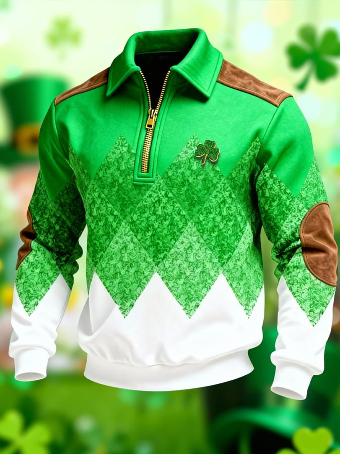 Sudadera (Detachable Shamrock Brooch Included) St. Patrick's Day estampado Color-Block con cierre con gorrasucha para hombre