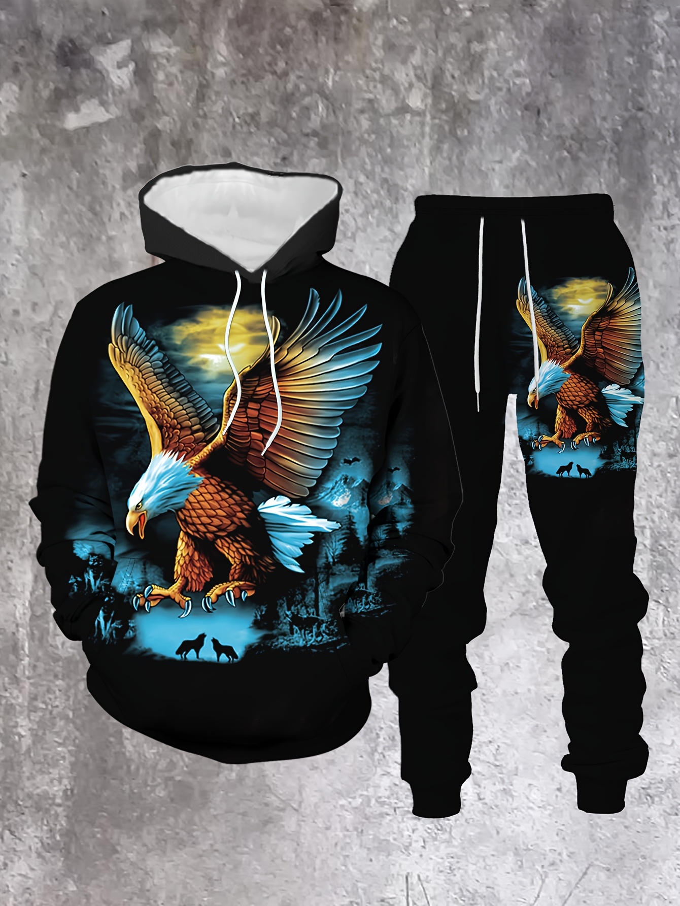 Conjunto de dos piezas casual "Eagle" estampado sudadera con capuchas de manga larga sudaderas & Sweatpantalón para hombre
