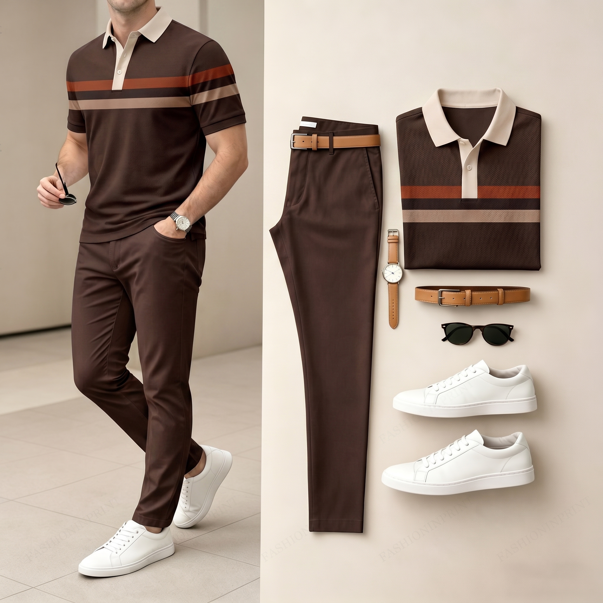 Conjunto de dos piezas Coffee Color Matching a rayas estampado de manga corta camisa polo & pantalón para hombre