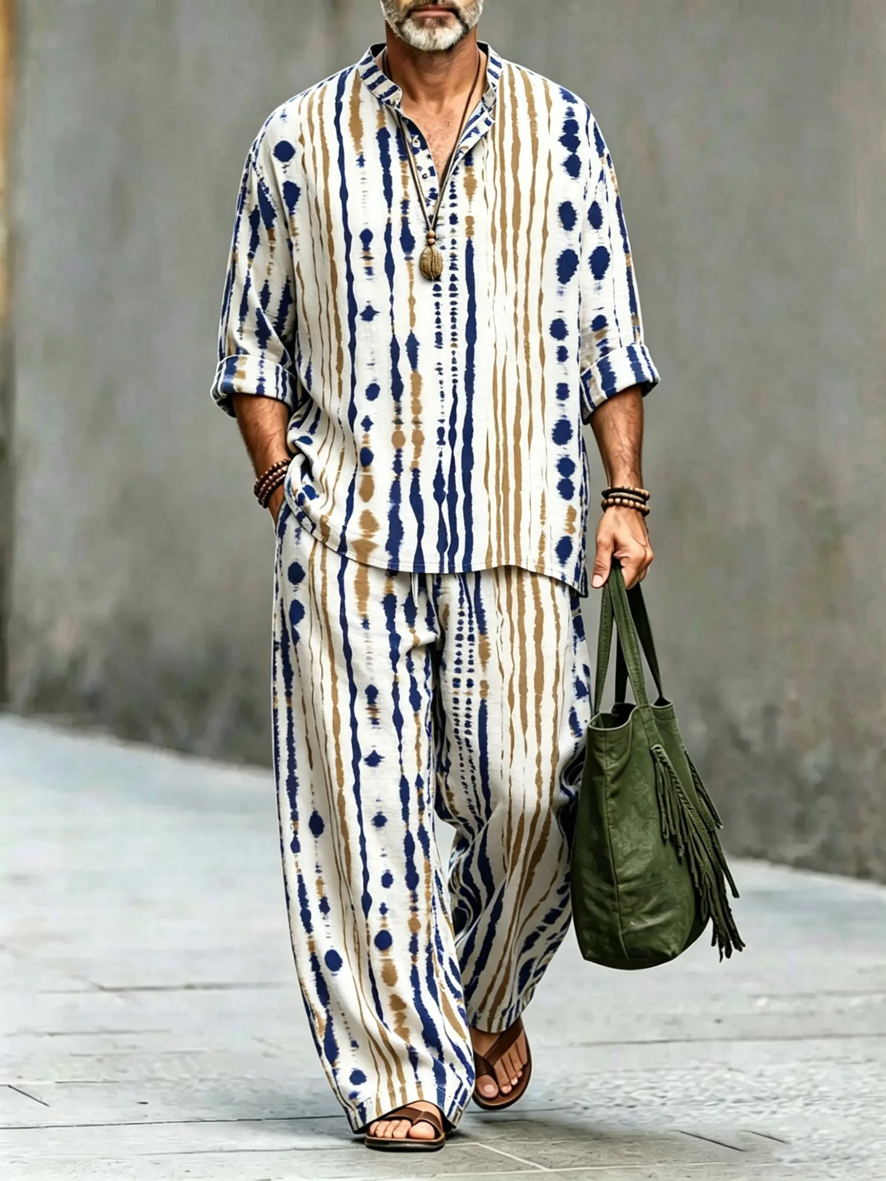para hombre vintage Abstract Art estampado de algodón camisa Set (Top & pantalón)