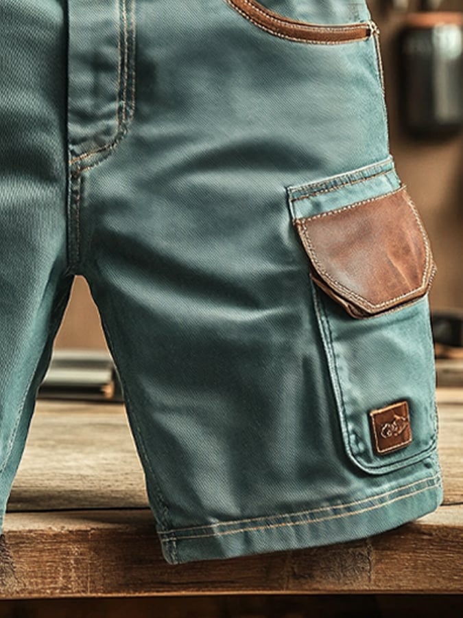Shorts vintage para exterior bolsillo Functional cuero Stitching Cargo (without cinturón) para hombre