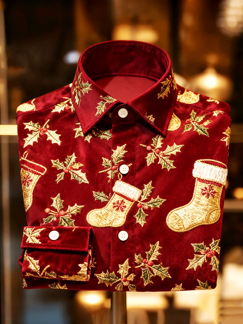 Camisa Christmas Holiday con botones de manga larga para hombre