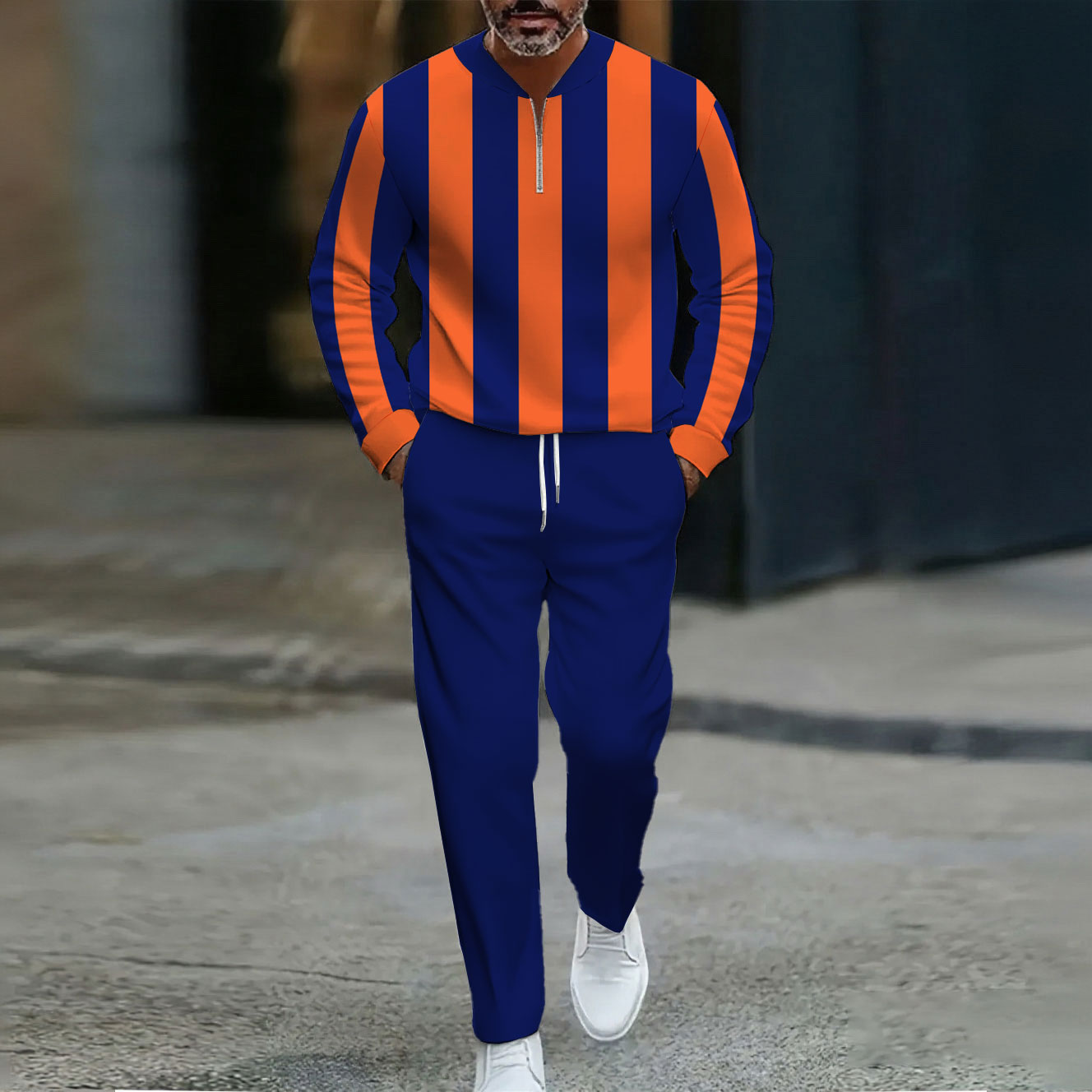 Conjunto de dos piezas casual Royal Blue & Orange a rayas Color Matching a rayas estampado Round Neck Zipper de manga larga sudadera & pantalón para hombre
