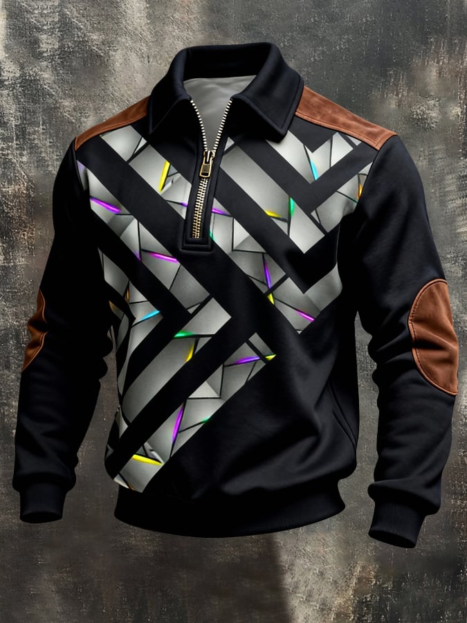 Sudadera retro en bloques de color estampado Color-Blocked con cierre para hombre
