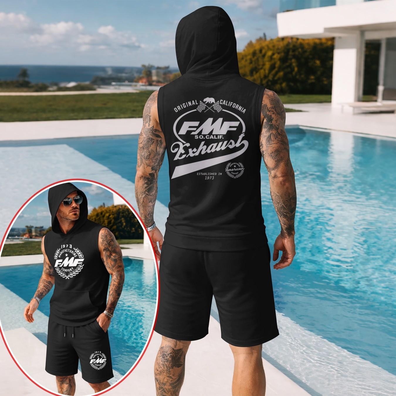 Conjunto de dos piezas : retro-estampado Hooded Vest & shorts — Regular Fit, casual Sporty Style, Sleeveless Top & shorts; Summer Apparel para hombre
