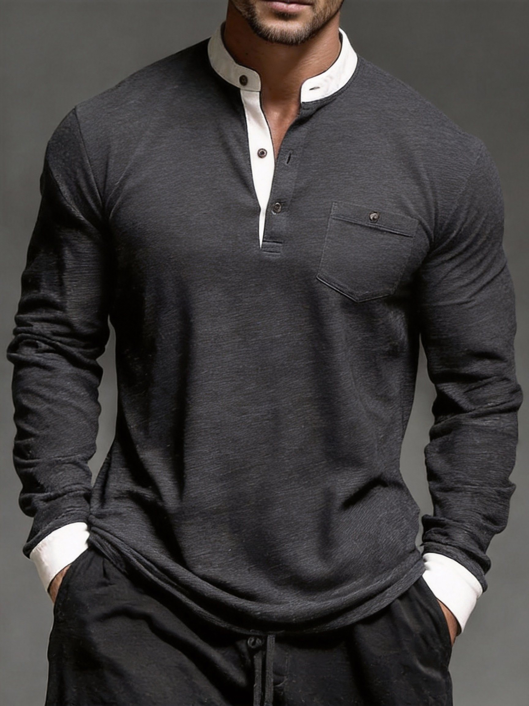 Camiseta vintage Comfortable de manga larga Henley para hombre