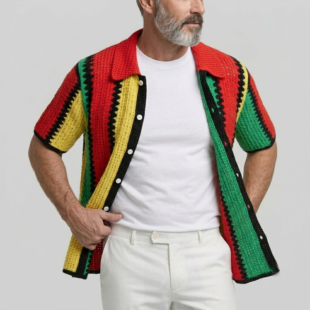 Camisa casual Colorblock a rayas Hollow Out Button-Up de manga corta para hombre