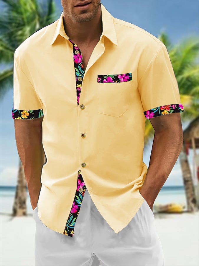 Camisa Resort Style Contrast estampado casual de manga corta para hombre