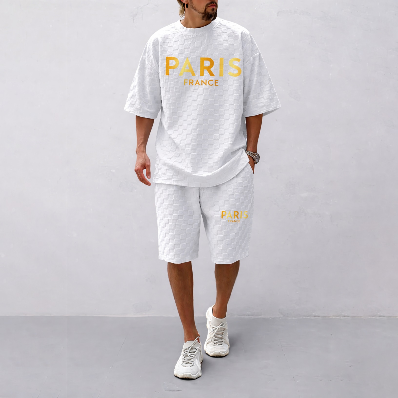 Camisa Spring/Summer Drawstring shorts Set featuring Paris Letter estampado and a cuadros Fabric—a casual summer ensemble comprising a de manga corta and shorts, ideal for both everyday wear and athletic activities. para hombre