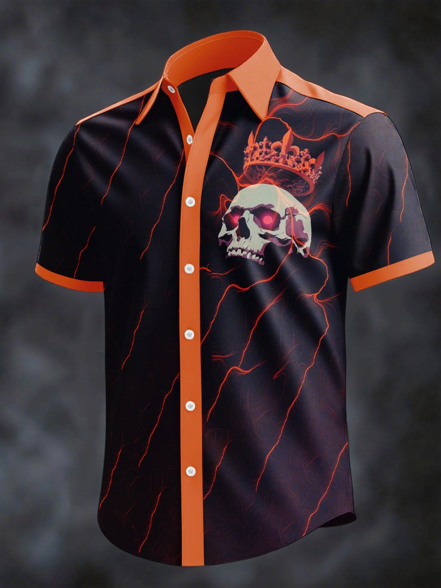 Camisa retro Horror Skull estampado solapa de manga corta para hombre