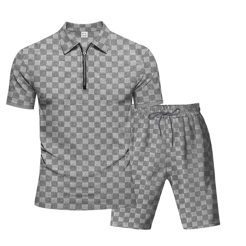 Conjunto de dos piezas Checkerboard Jacquard camisa polo and shorts Set, casual Half Zip de manga corta Collared Summer Outfit, Lightweight transpirable holgado Fit , Comfortable elegante Streetwear for para uso diario Wear Travel Vacation Resort Lounge para hombre