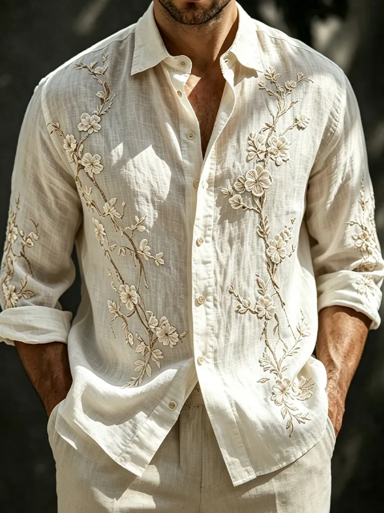 vintage 3d Embroidery de lino con botones camisa, para hombre floral Embroidery de manga larga casual Top