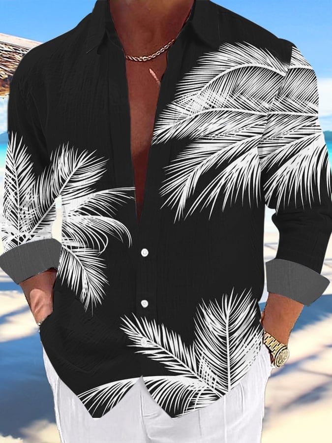 Hawaiian Palm Tree estampado de manga larga Pockecamiseta para hombre