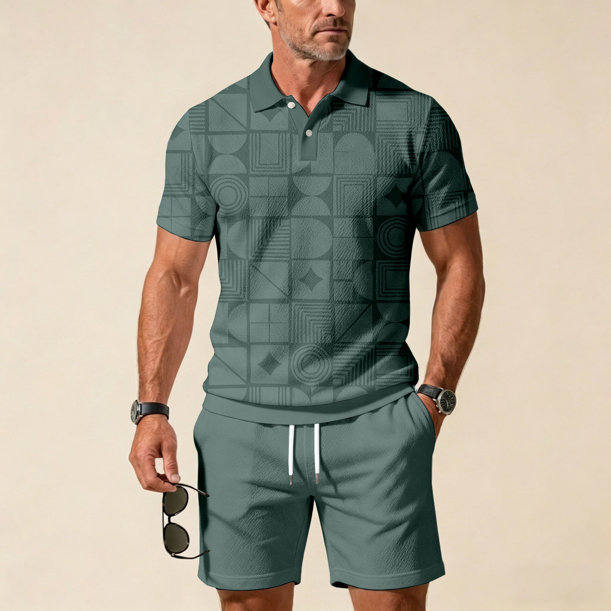 Conjunto de dos piezas casual Dark Green Color Matching estampado de manga corta Zipper camisa polo & shorts para hombre